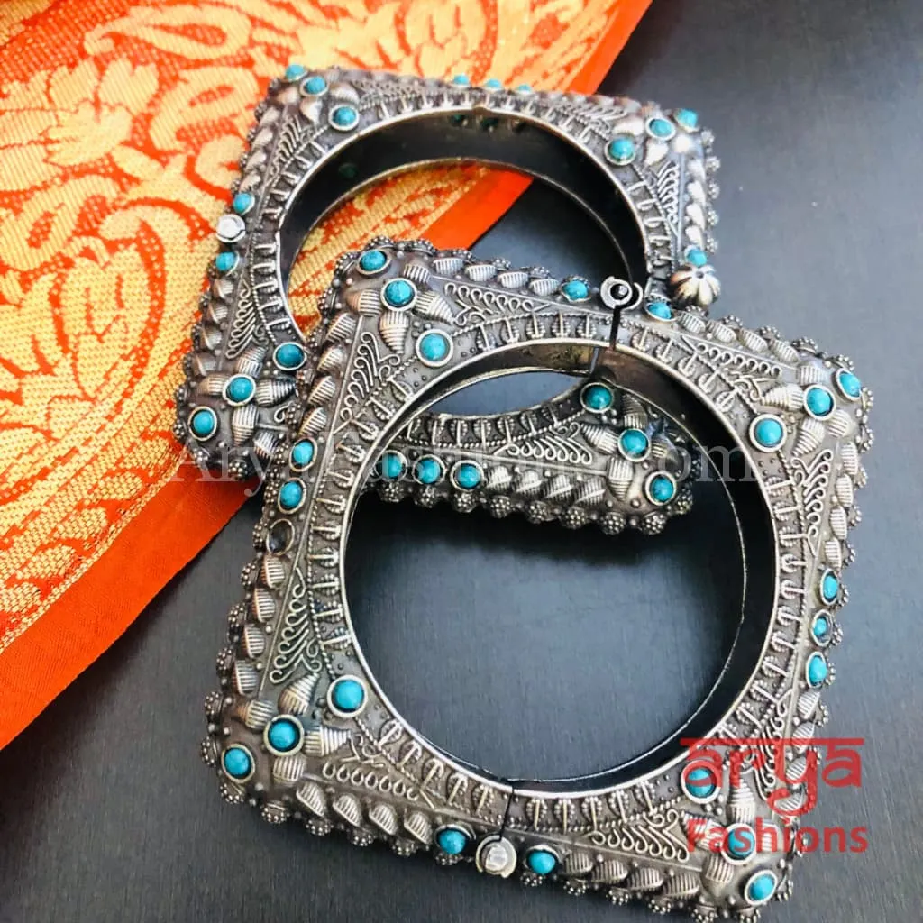 Rajwadi Tribal Silver Oxidized Bracelet colored stones/ Ethnic Bracelet/Boho Jewelry/Ethnic Oxidized Silver Bracelet Kada