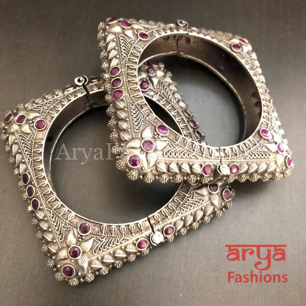 Rajwadi Tribal Silver Oxidized Bracelet colored stones/ Ethnic Bracelet/Boho Jewelry/Ethnic Oxidized Silver Bracelet Kada