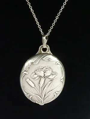 Rare Art Nouveau French Solid Silver Dianthus Locket With 24 Inch Sterling Silver Necklace