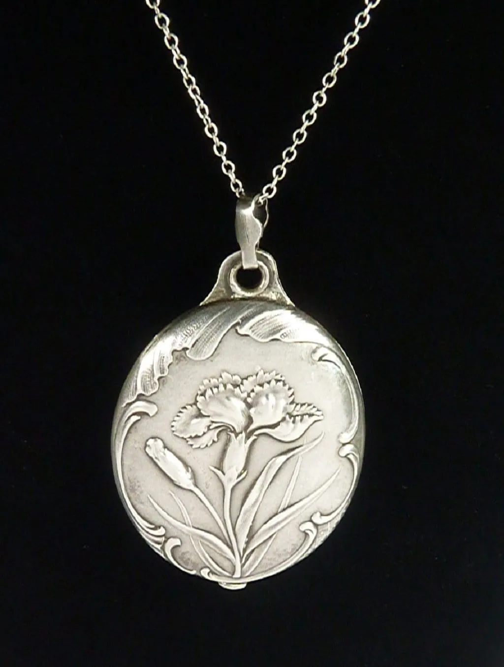Rare Art Nouveau French Solid Silver Dianthus Locket With 24 Inch Sterling Silver Necklace