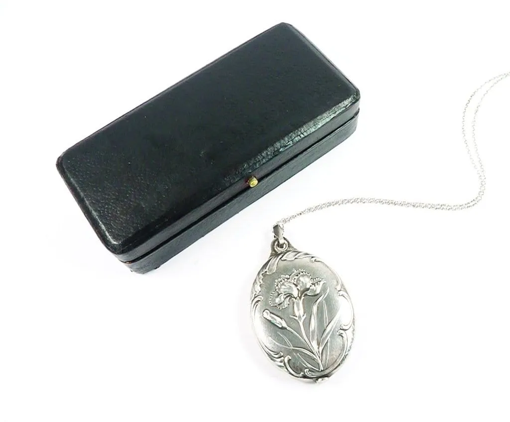 Rare Art Nouveau French Solid Silver Dianthus Locket With 24 Inch Sterling Silver Necklace