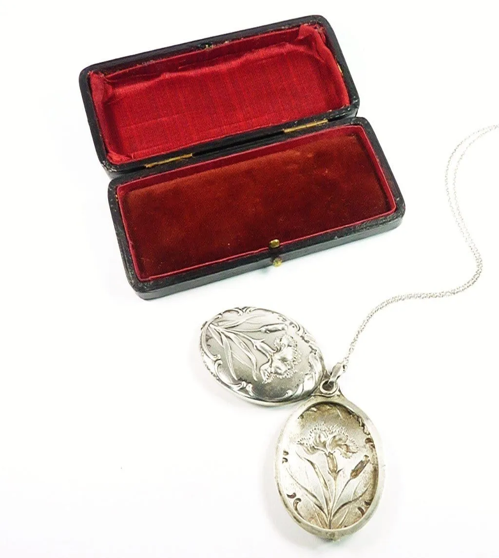 Rare Art Nouveau French Solid Silver Dianthus Locket With 24 Inch Sterling Silver Necklace