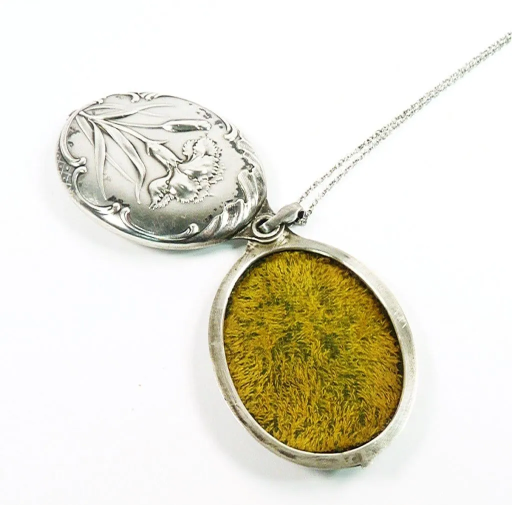 Rare Art Nouveau French Solid Silver Dianthus Locket With 24 Inch Sterling Silver Necklace