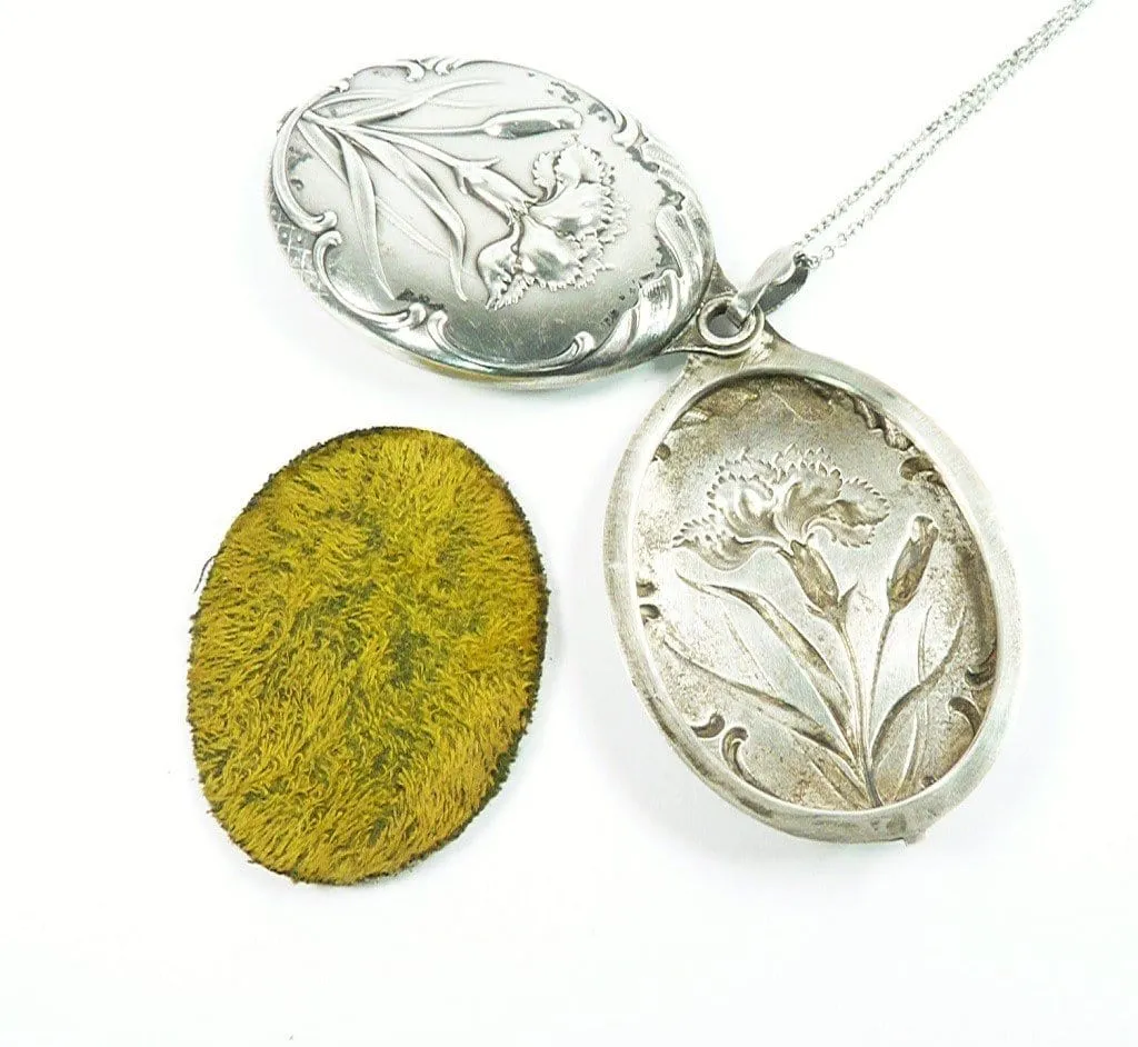 Rare Art Nouveau French Solid Silver Dianthus Locket With 24 Inch Sterling Silver Necklace