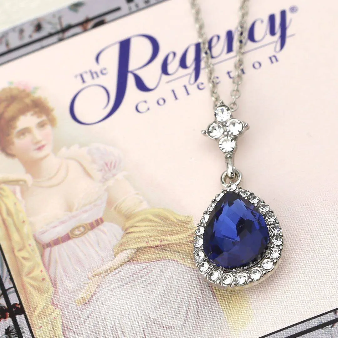 Regency Atlantic Blue Stone Teardrop Crystal Pendant Necklace 16"   3" Extender