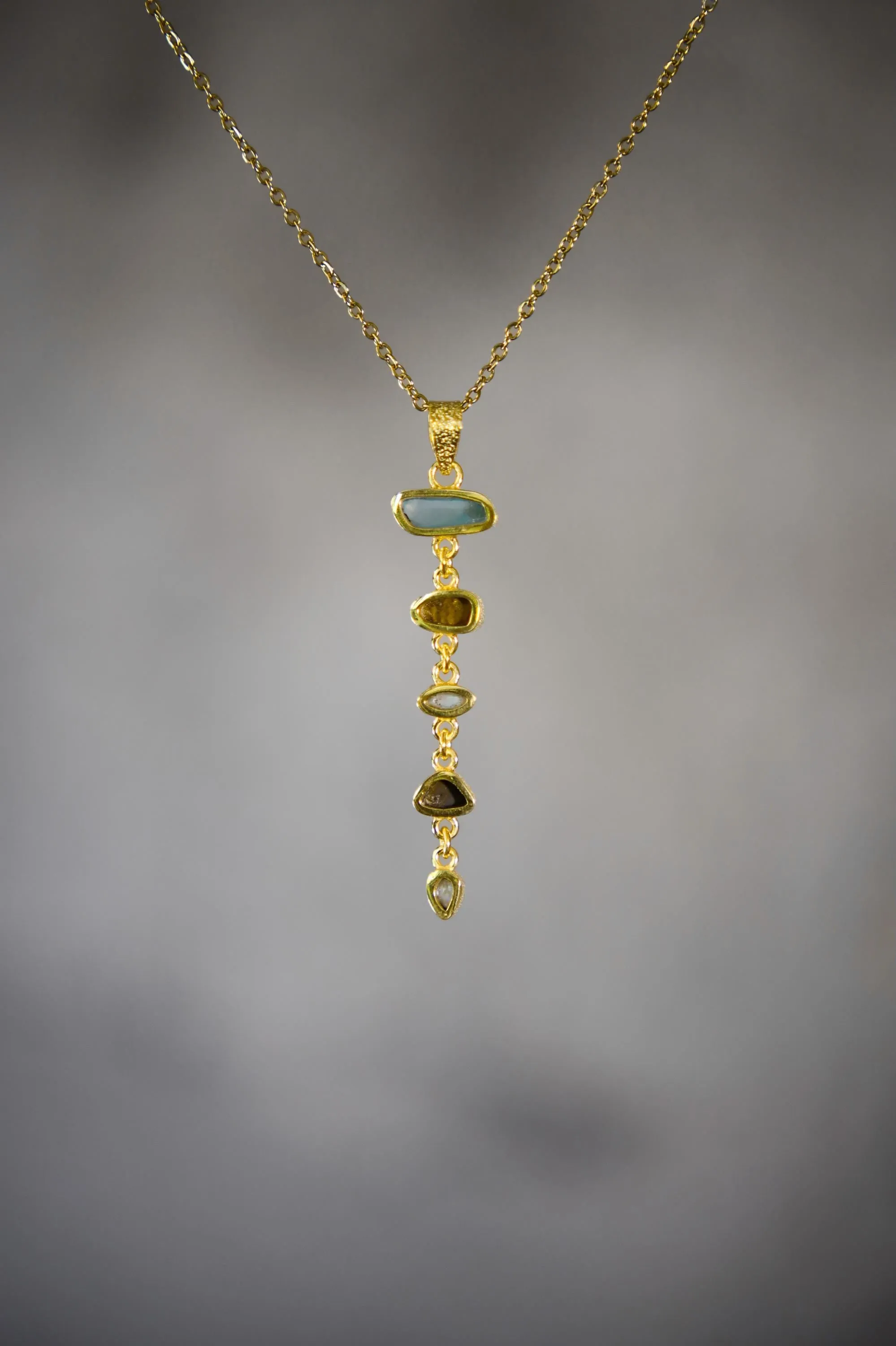 Round Faceted Zircon, Aquamarine, Australian Opal Droplets & Blue Moonstone Pendant 18k GoldPlated Organic Texture Spiritual Clarity Healing