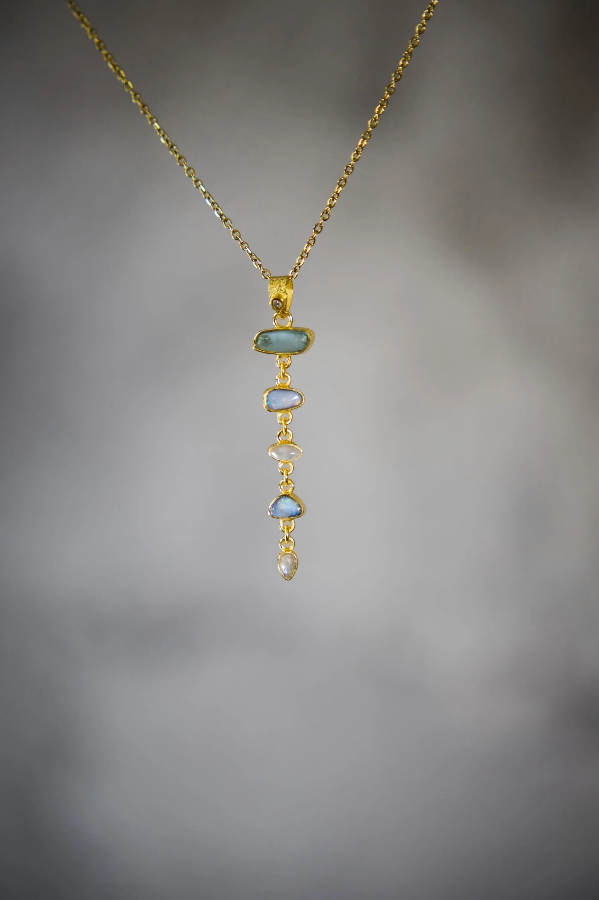Round Faceted Zircon, Aquamarine, Australian Opal Droplets & Blue Moonstone Pendant 18k GoldPlated Organic Texture Spiritual Clarity Healing