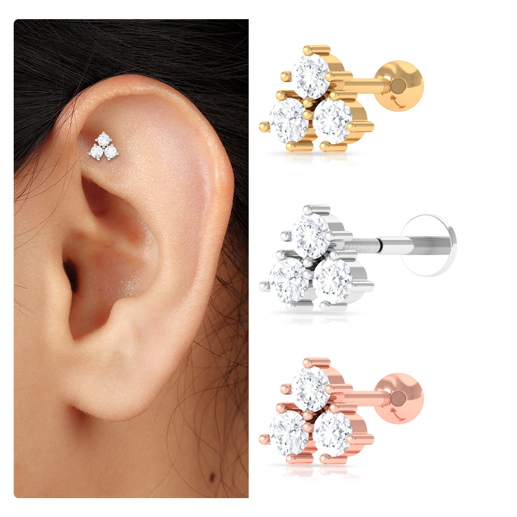Round Moissanite Trinity Trio Dainty Helix Earring