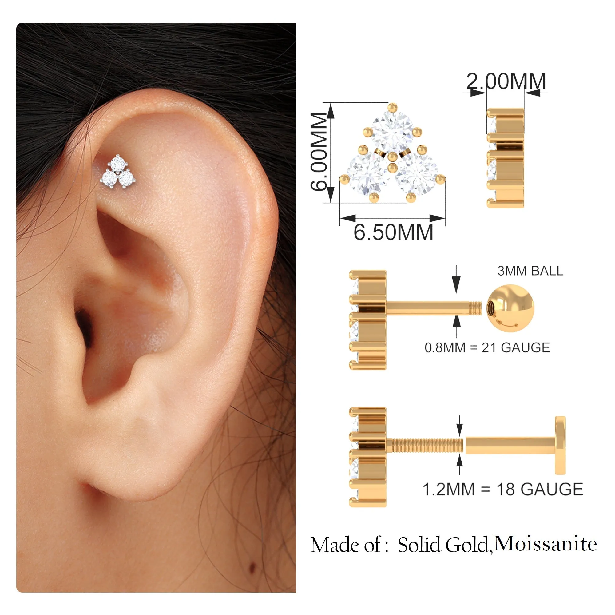 Round Moissanite Trinity Trio Dainty Helix Earring