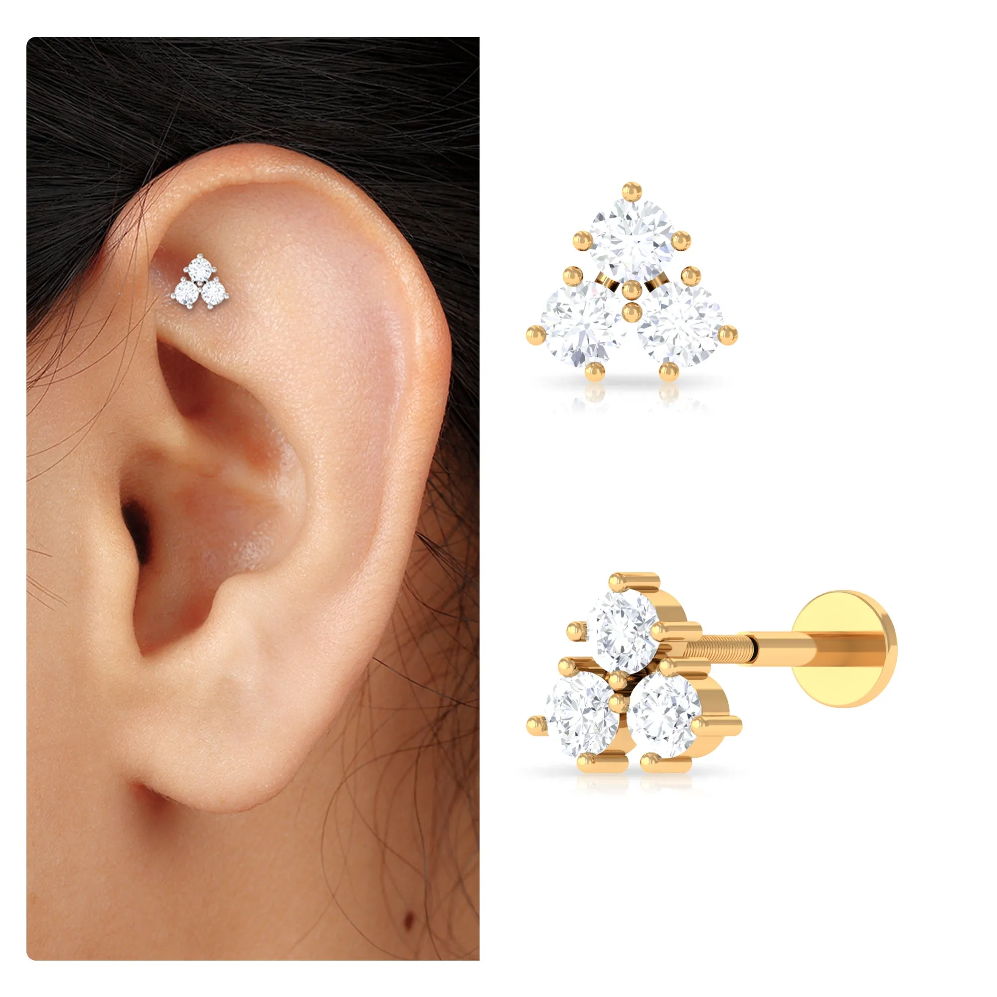 Round Moissanite Trinity Trio Dainty Helix Earring