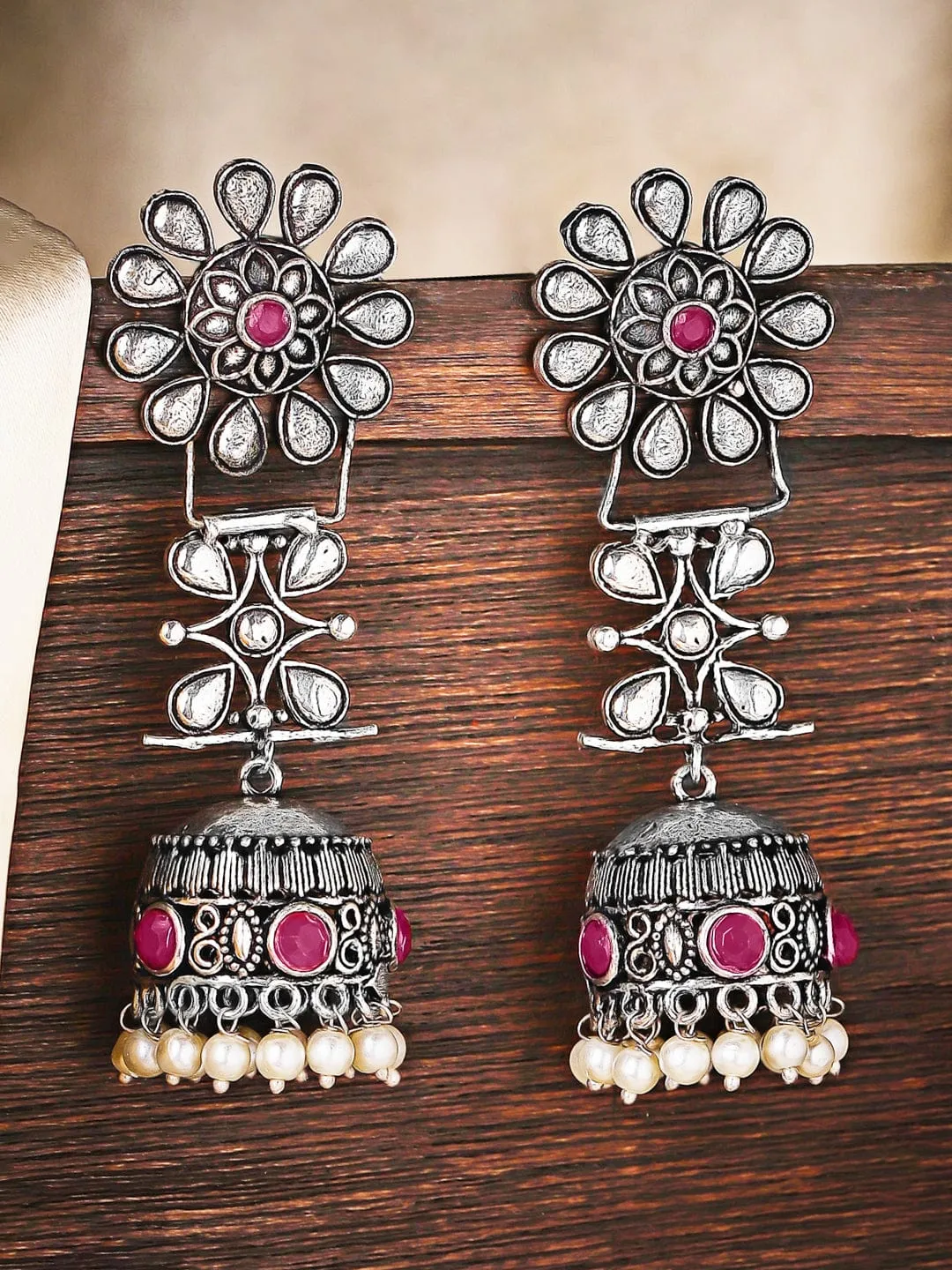 Rubans Oxidized Silver Plated Handcrafted Jhumka Earrings