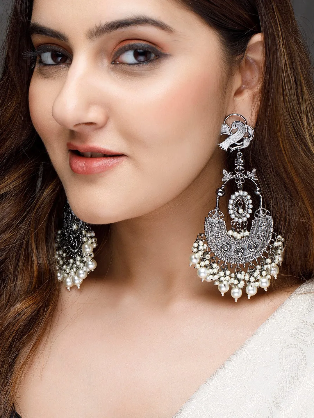 Rubans Silver-Plated Handcrafted Pearls Jhumka Earrings