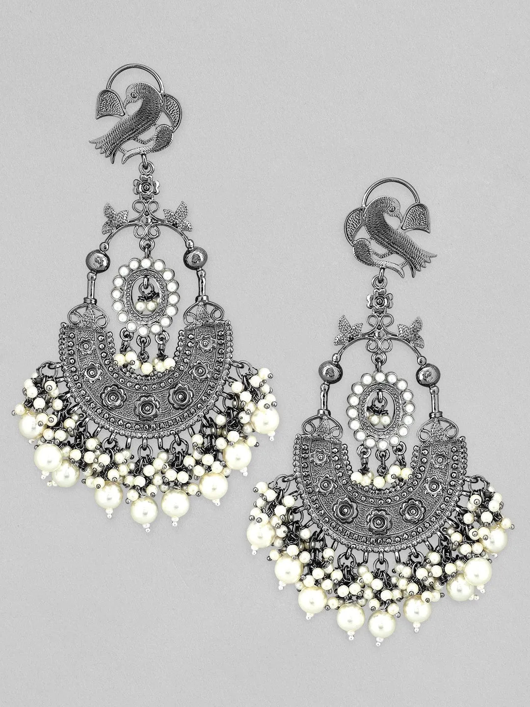 Rubans Silver-Plated Handcrafted Pearls Jhumka Earrings
