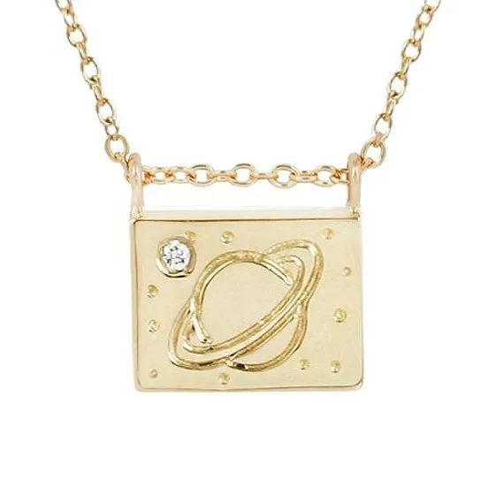 Saturn Diamond   14K Gold Postcard Charm Necklace
