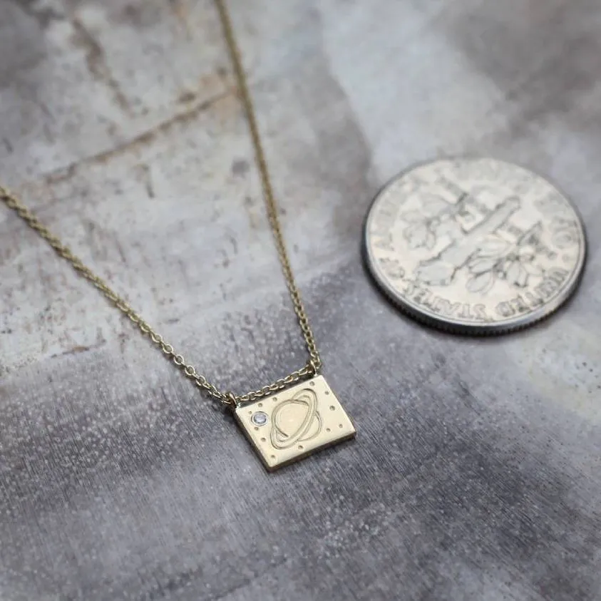 Saturn Diamond   14K Gold Postcard Charm Necklace