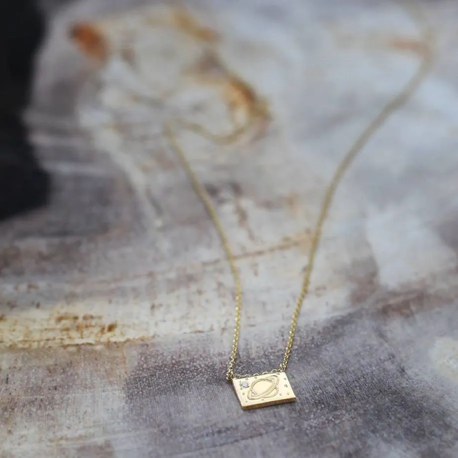 Saturn Diamond   14K Gold Postcard Charm Necklace