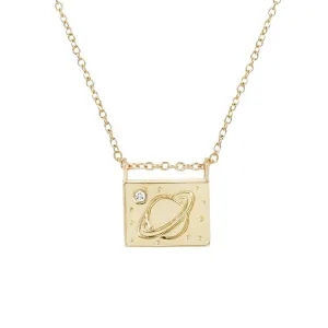 Saturn Diamond   14K Gold Postcard Charm Necklace