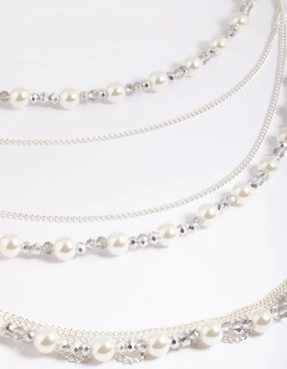 Silver Bead & Facet Multi-Row Long Necklace