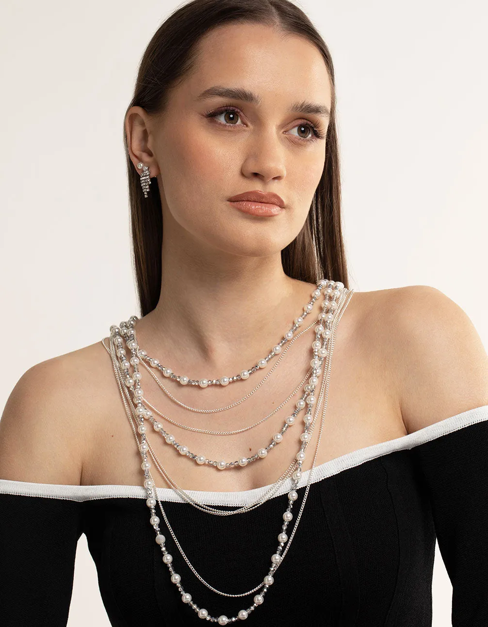 Silver Bead & Facet Multi-Row Long Necklace