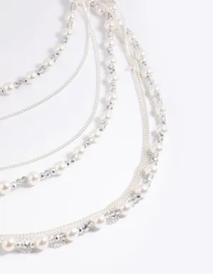 Silver Bead & Facet Multi-Row Long Necklace