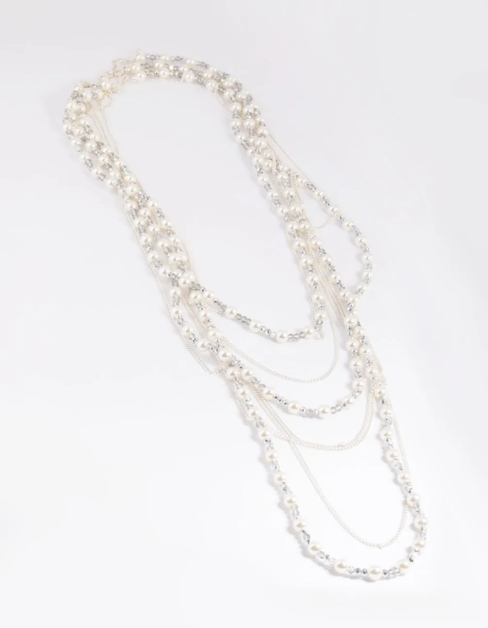 Silver Bead & Facet Multi-Row Long Necklace