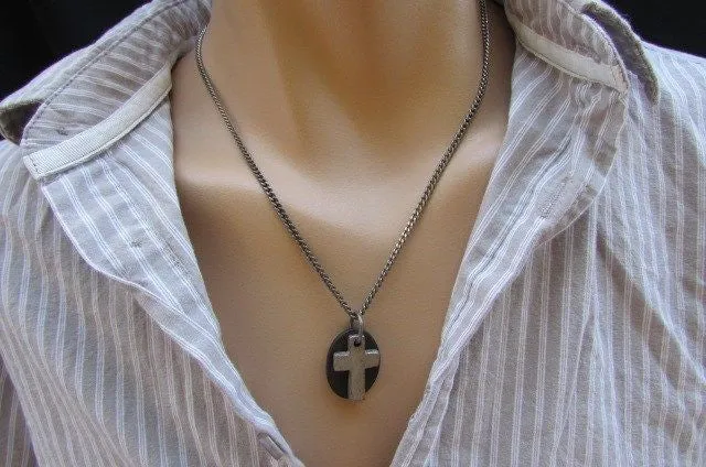Silver Cross Dog Tag Style Necklace