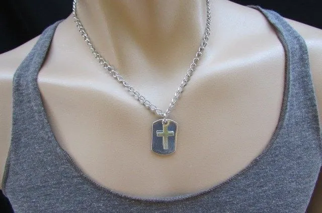 Silver Cross Dog Tag Style Necklace