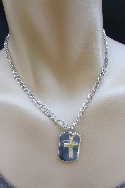 Silver Cross Dog Tag Style Necklace