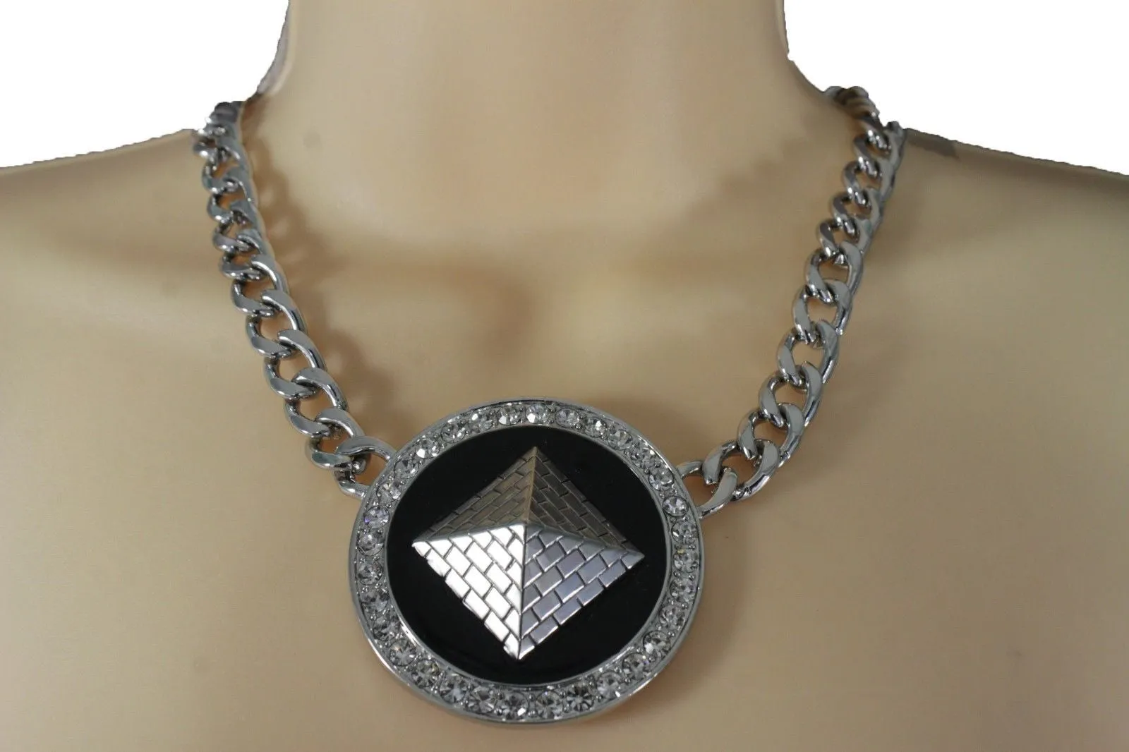 Silver Metal Chain Links Egyptian Pyramid Building Travel Trip Necklace
