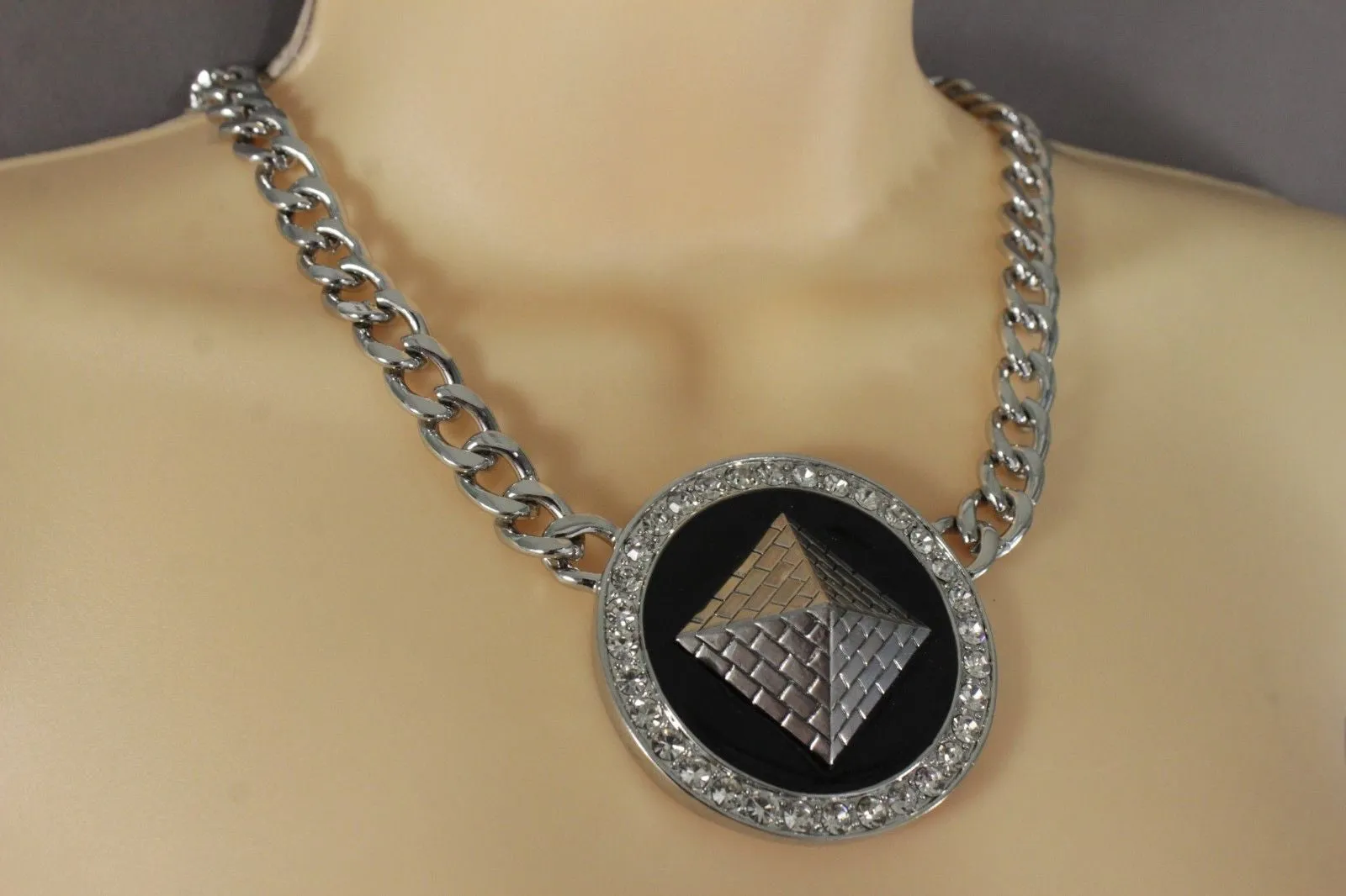 Silver Metal Chain Links Egyptian Pyramid Building Travel Trip Necklace