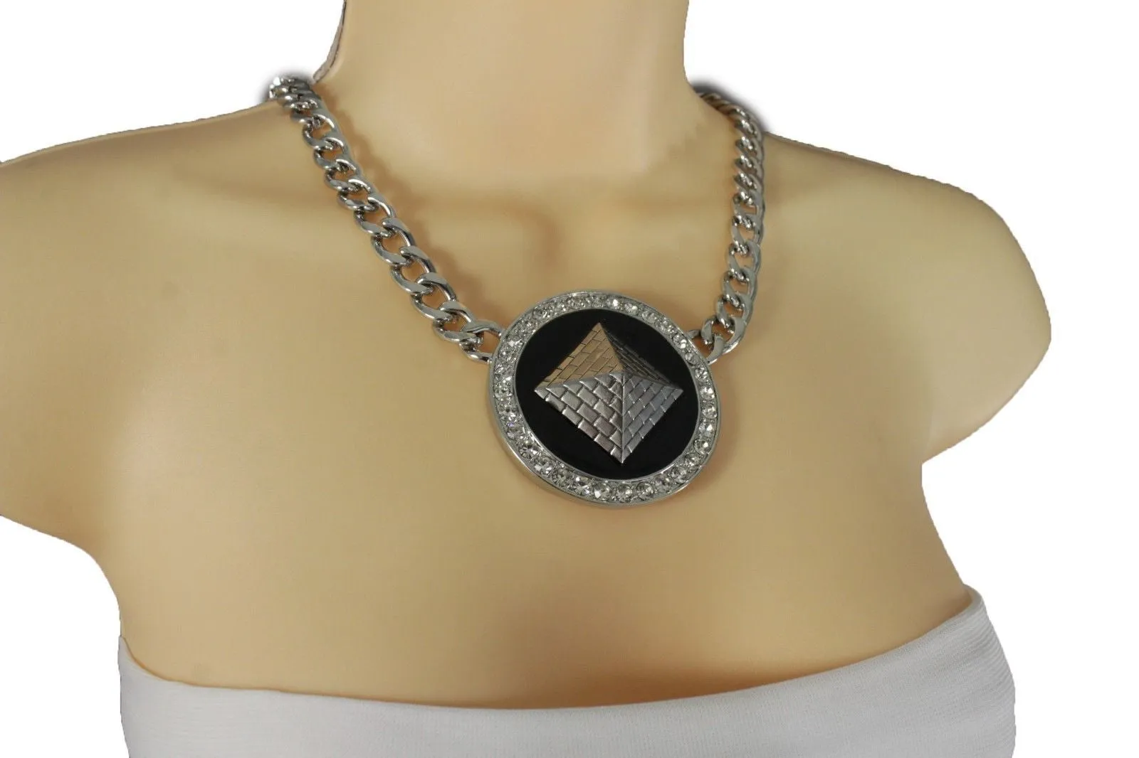 Silver Metal Chain Links Egyptian Pyramid Building Travel Trip Necklace