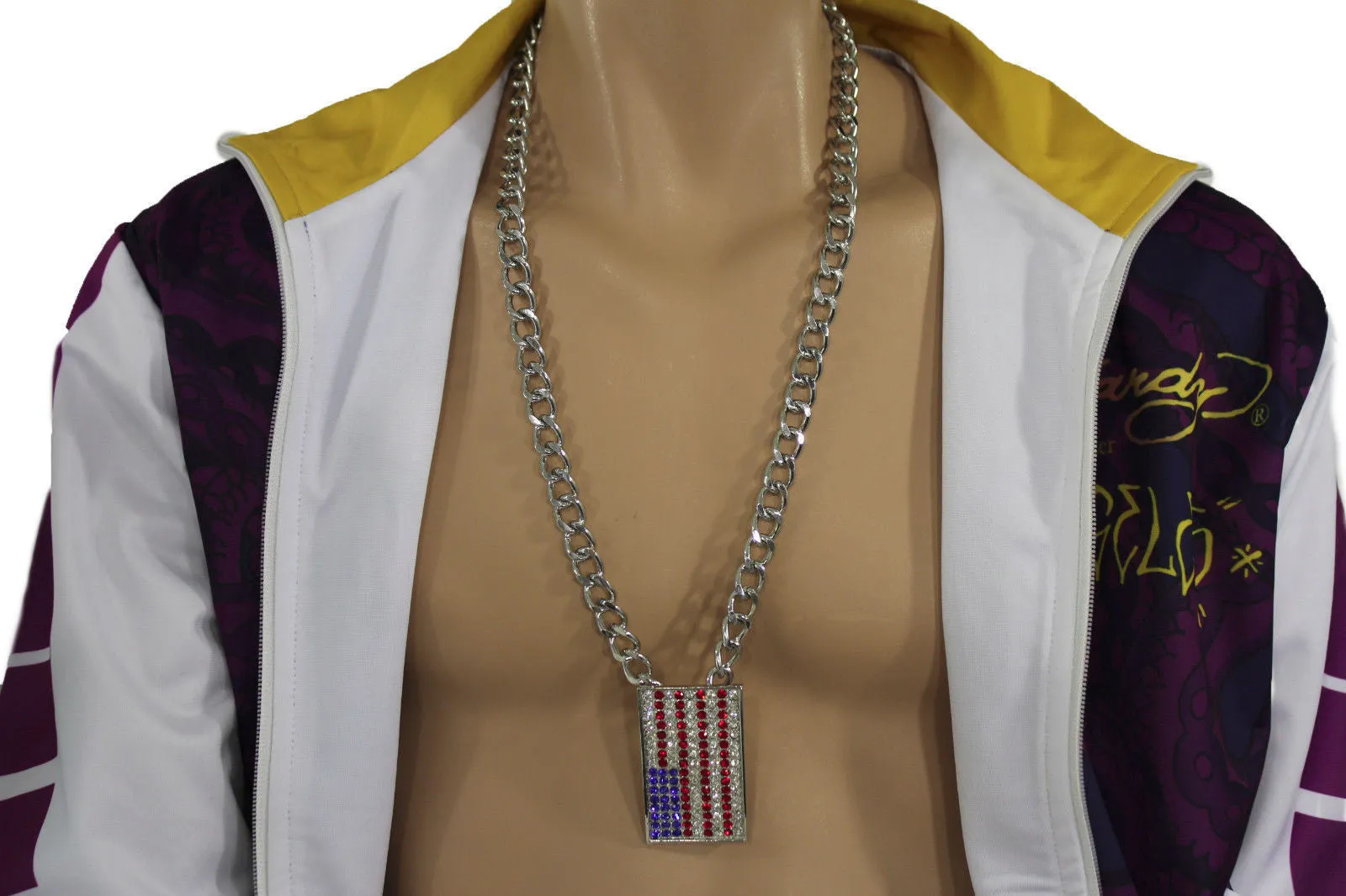Silver Metal Chain Links Long Necklace USA American Flag Pendant 3D Men