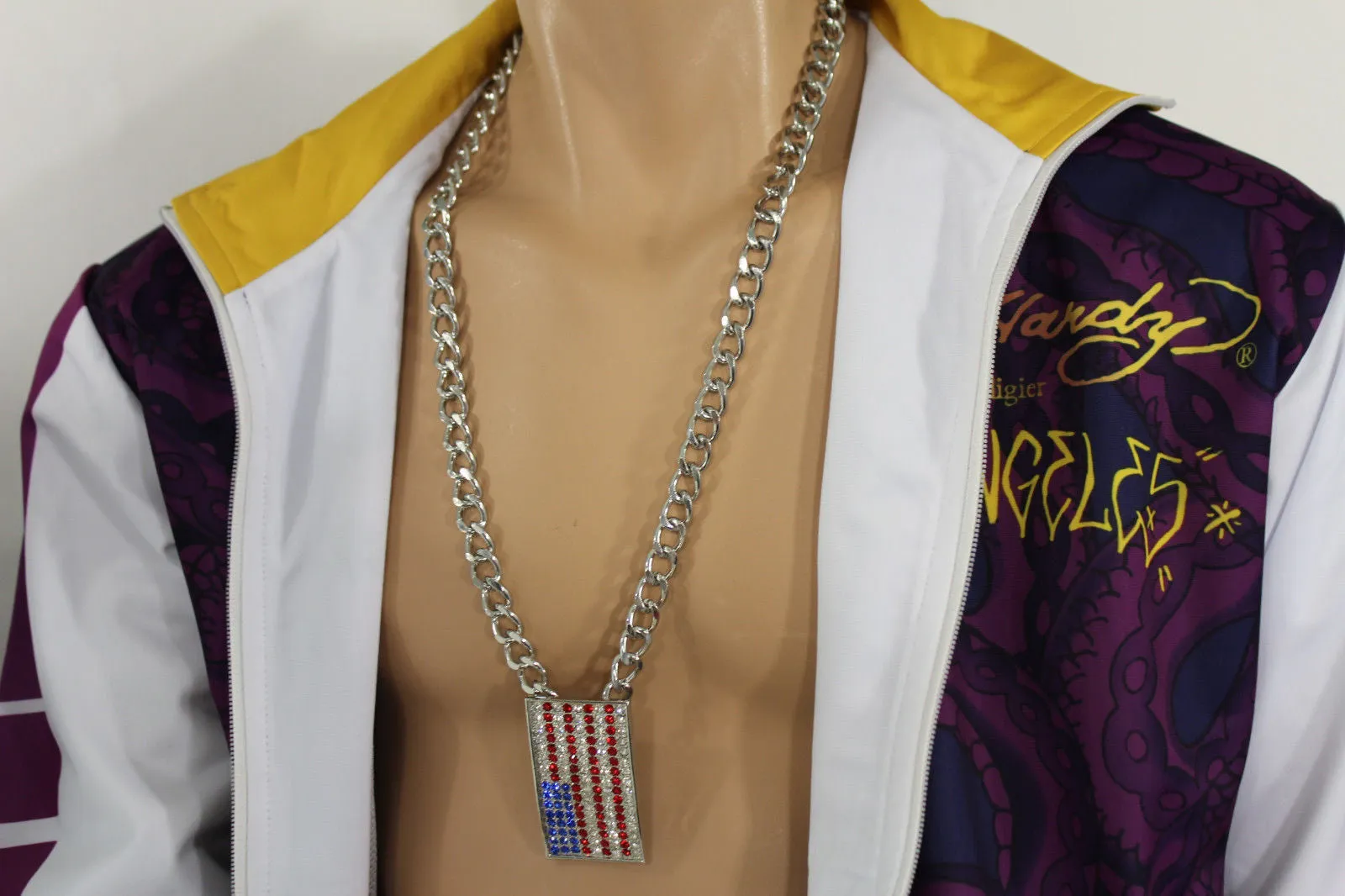 Silver Metal Chain Links Long Necklace USA American Flag Pendant 3D Men