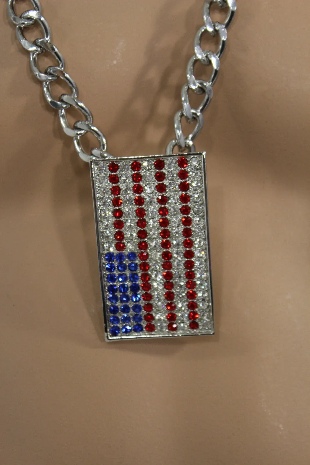 Silver Metal Chain Links Long Necklace USA American Flag Pendant 3D Men