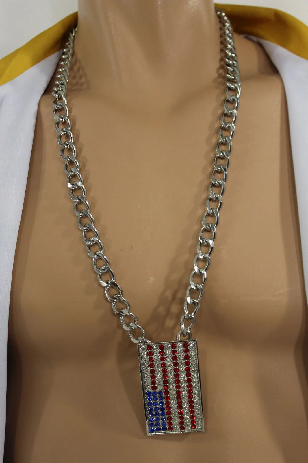 Silver Metal Chain Links Long Necklace USA American Flag Pendant 3D Men