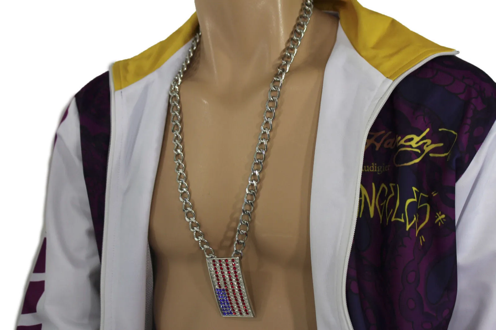 Silver Metal Chain Links Long Necklace USA American Flag Pendant 3D Men