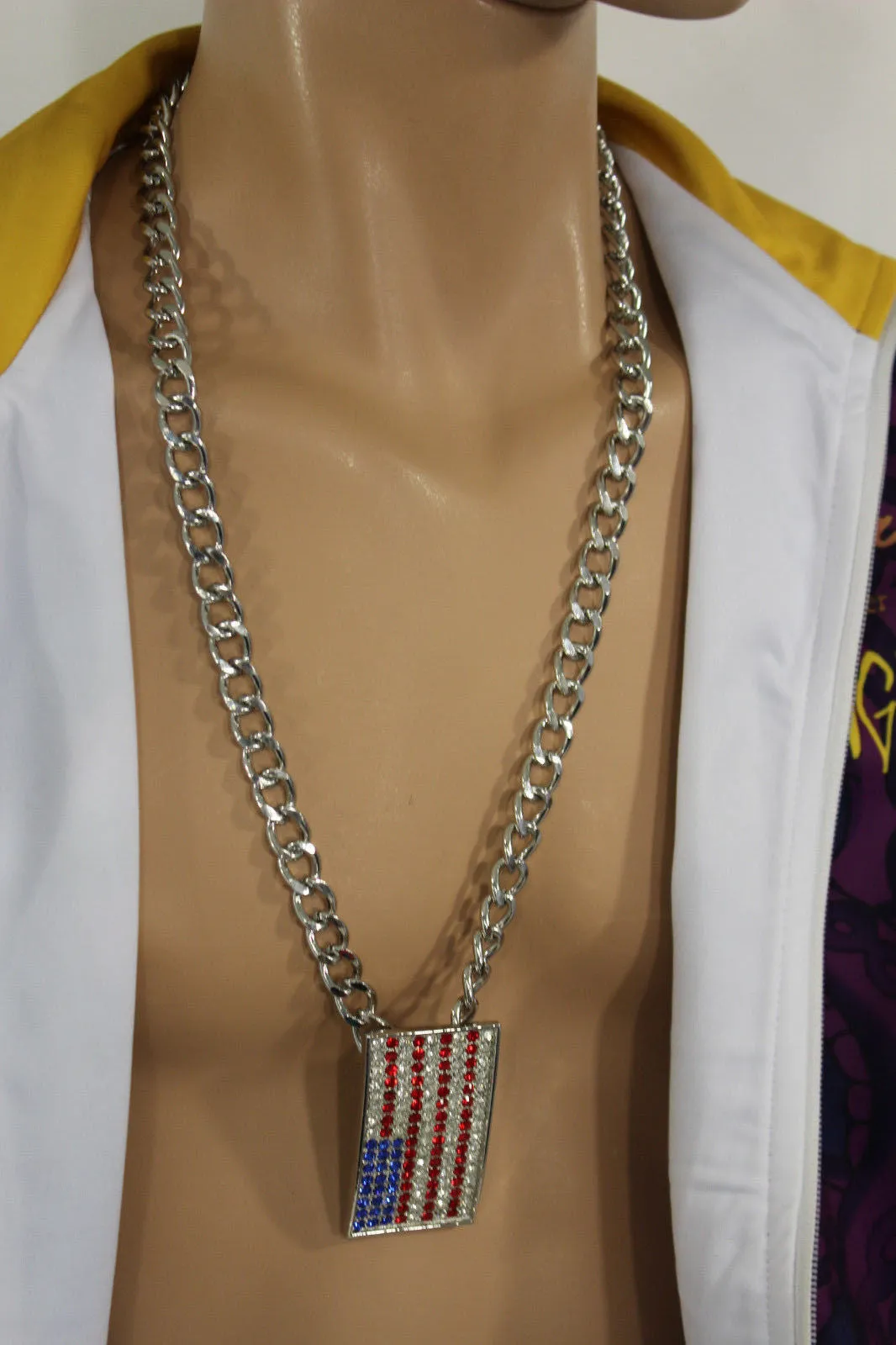 Silver Metal Chain Links Long Necklace USA American Flag Pendant 3D Men