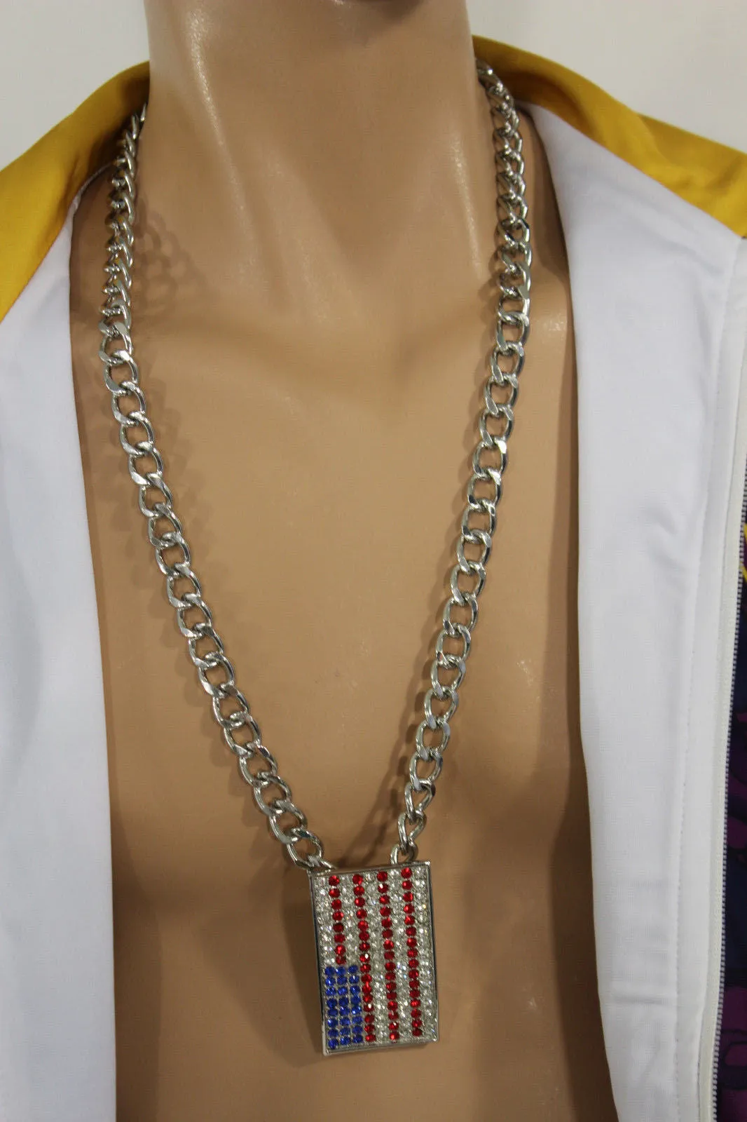 Silver Metal Chain Links Long Necklace USA American Flag Pendant 3D Men