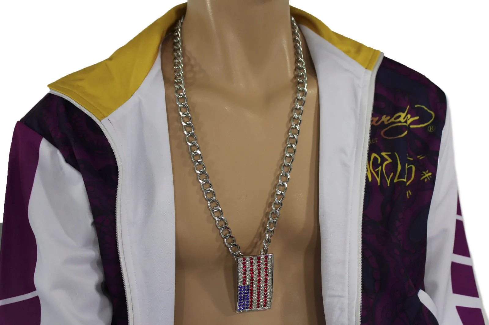 Silver Metal Chain Links Long Necklace USA American Flag Pendant 3D Men