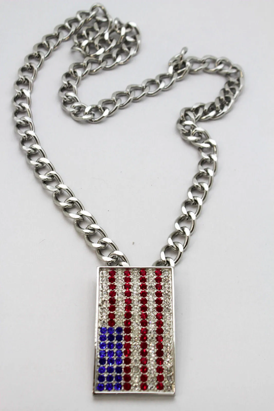 Silver Metal Chain Links Long Necklace USA American Flag Pendant 3D Men
