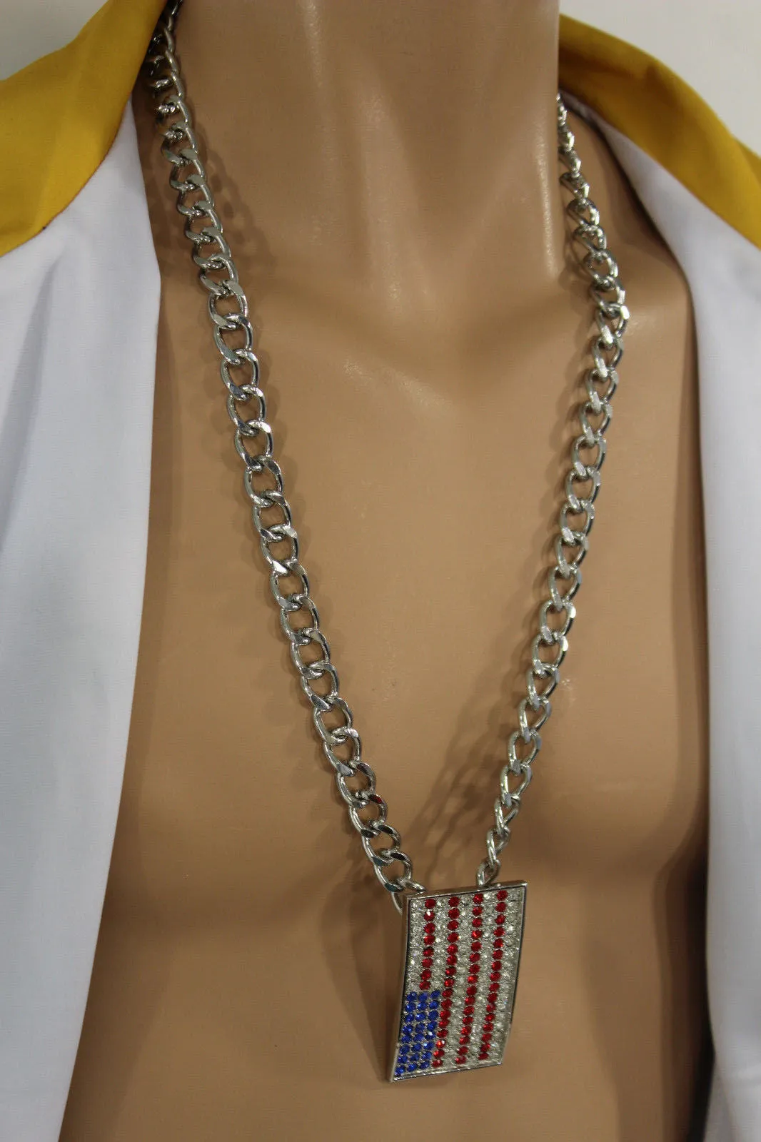 Silver Metal Chain Links Long Necklace USA American Flag Pendant 3D Men