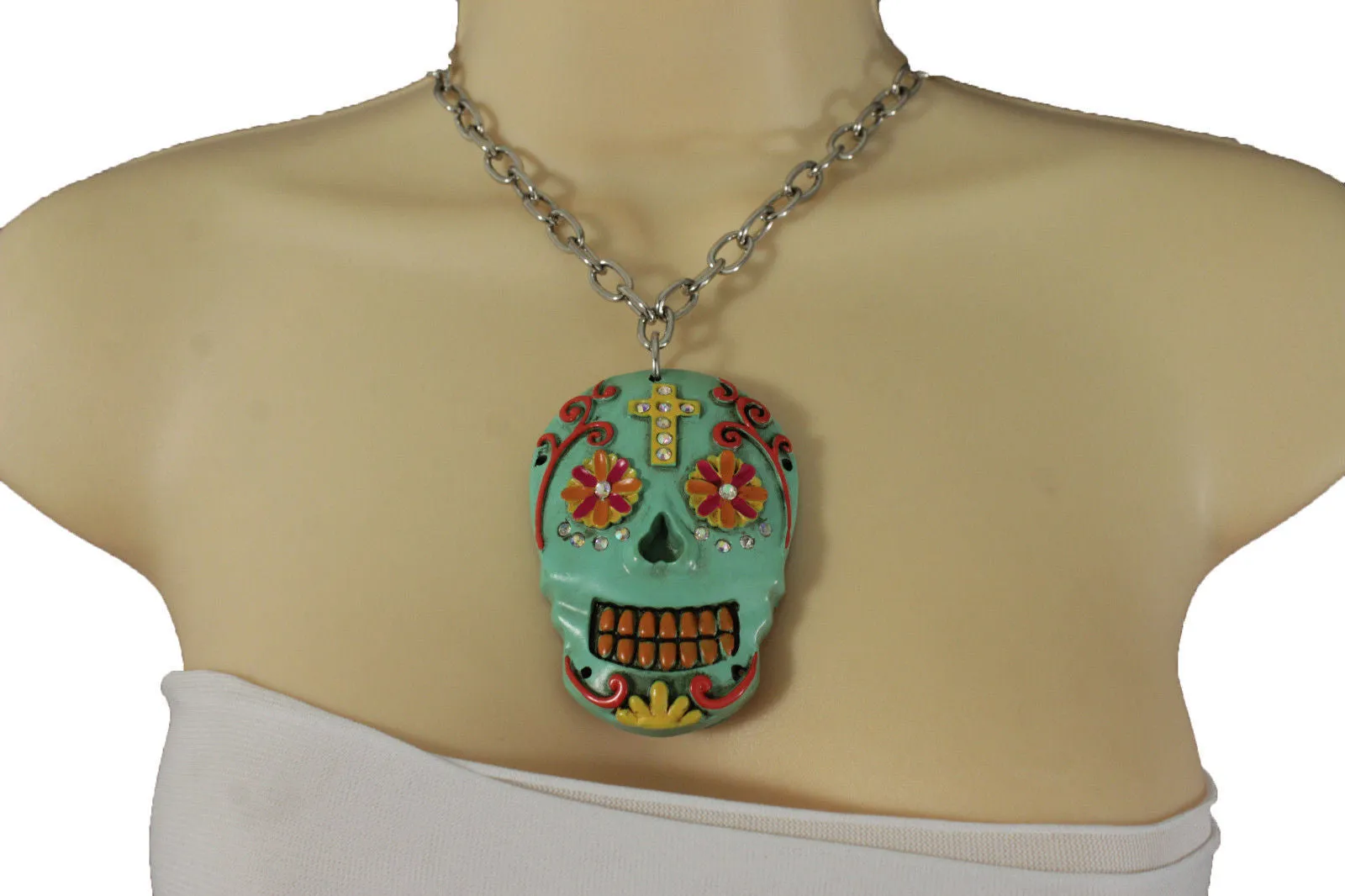 Silver Metal Chain Long Necklace Day Of The Dead Skull
