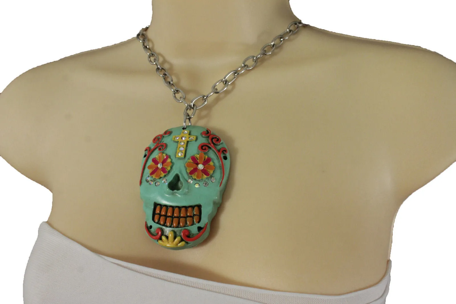 Silver Metal Chain Long Necklace Day Of The Dead Skull