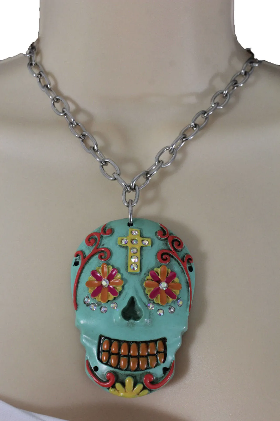 Silver Metal Chain Long Necklace Day Of The Dead Skull