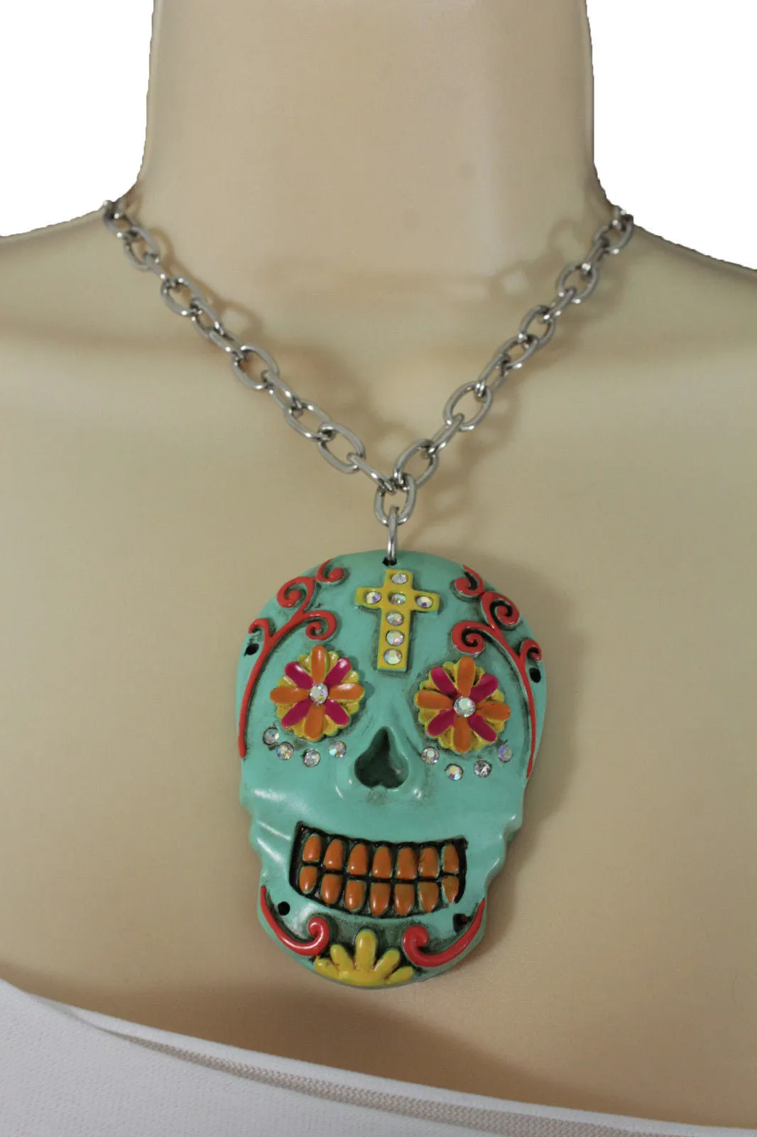 Silver Metal Chain Long Necklace Day Of The Dead Skull