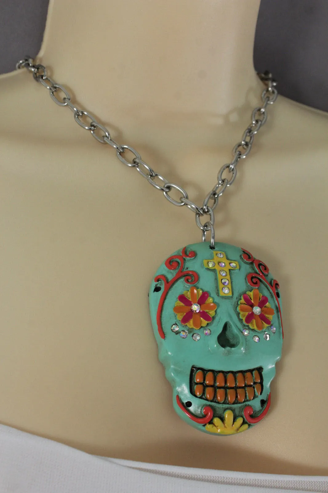 Silver Metal Chain Long Necklace Day Of The Dead Skull