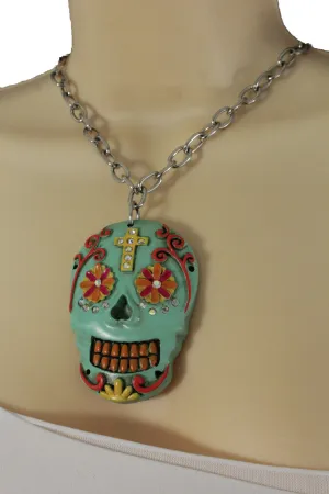 Silver Metal Chain Long Necklace Day Of The Dead Skull