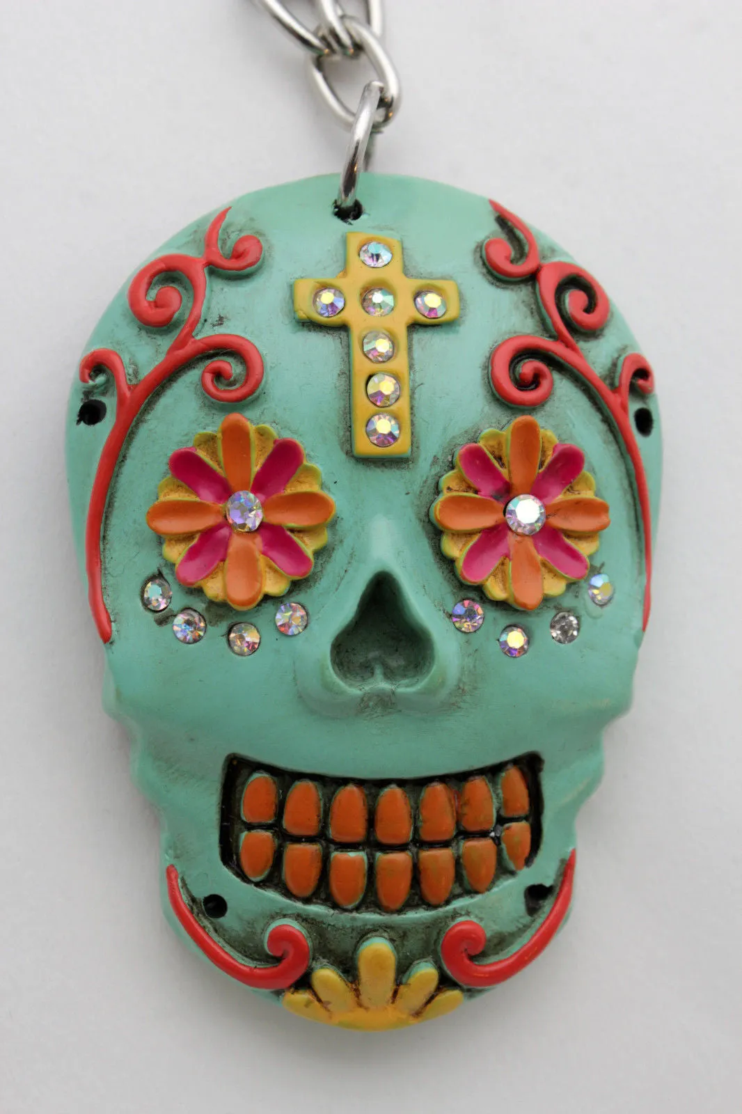 Silver Metal Chain Long Necklace Day Of The Dead Skull