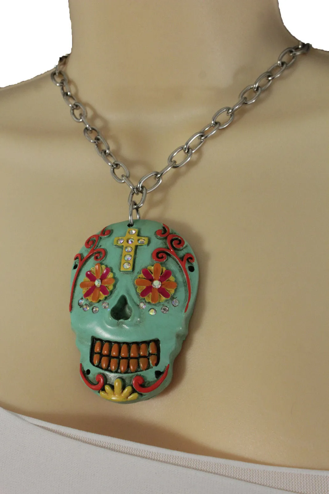 Silver Metal Chain Long Necklace Day Of The Dead Skull