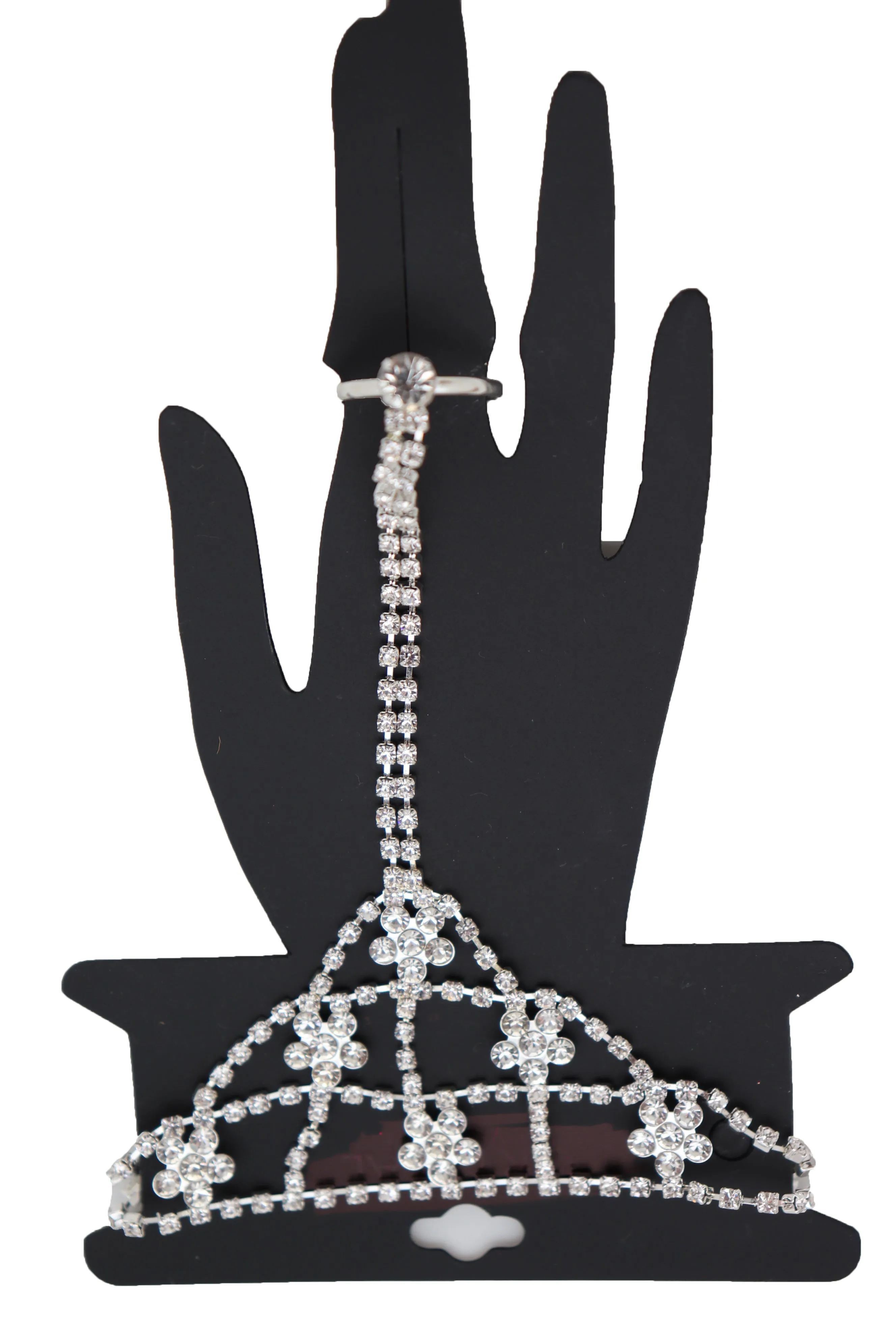 Silver Metal Hand Chain Bracelet Bling Flower Bead Charms Connected Ring